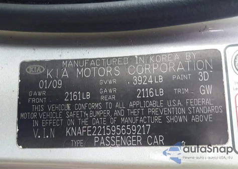 2009 Kia Spectra Ex from USA, damaged, VIN KNAFE221595659217